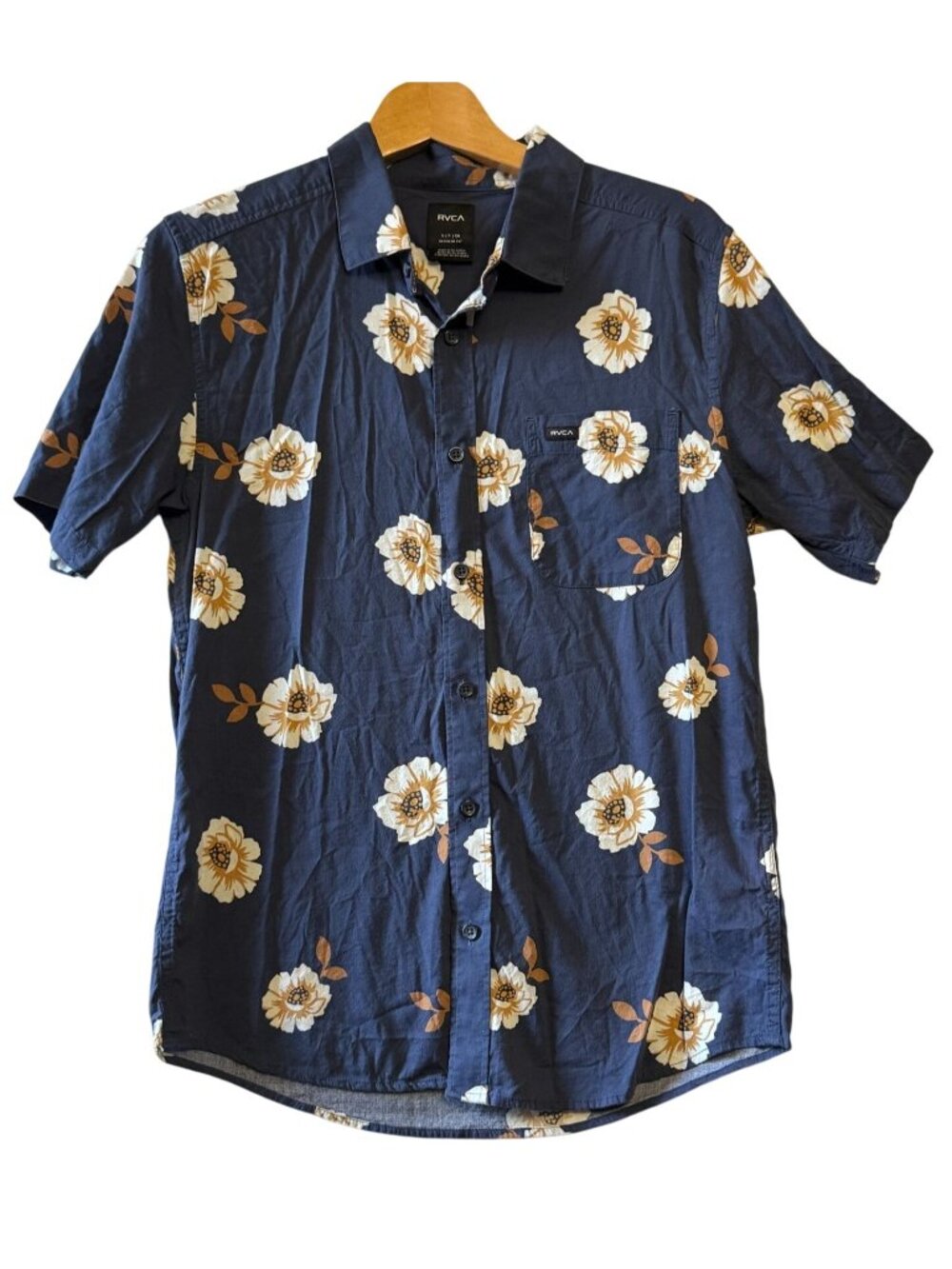 RVCA Mens Botanical Button-Up Shirt Navy/Yellow Cotton Blend Size S Regular Fit